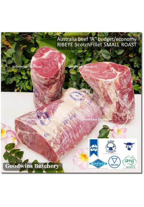 Beef Ribeye Scotch-Fillet Cube-Roll BUDGET frozen Australia AMG roast 1/3 cuts +/- 1.2kg (price/kg)